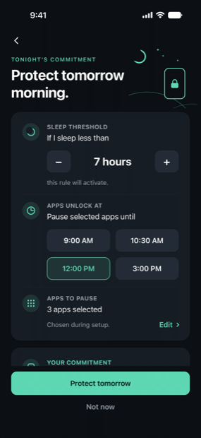 Tonight's commitment screen: sleep threshold set to 7 hours, apps unlock at 12:00 PM, 3 apps selected