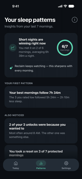 The patterns screen showing insights from the last 7 mornings