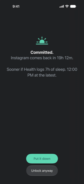 The overnight shield: Committed. Instagram comes back in 19h 12m. Two buttons, Put it down and Unlock anyway